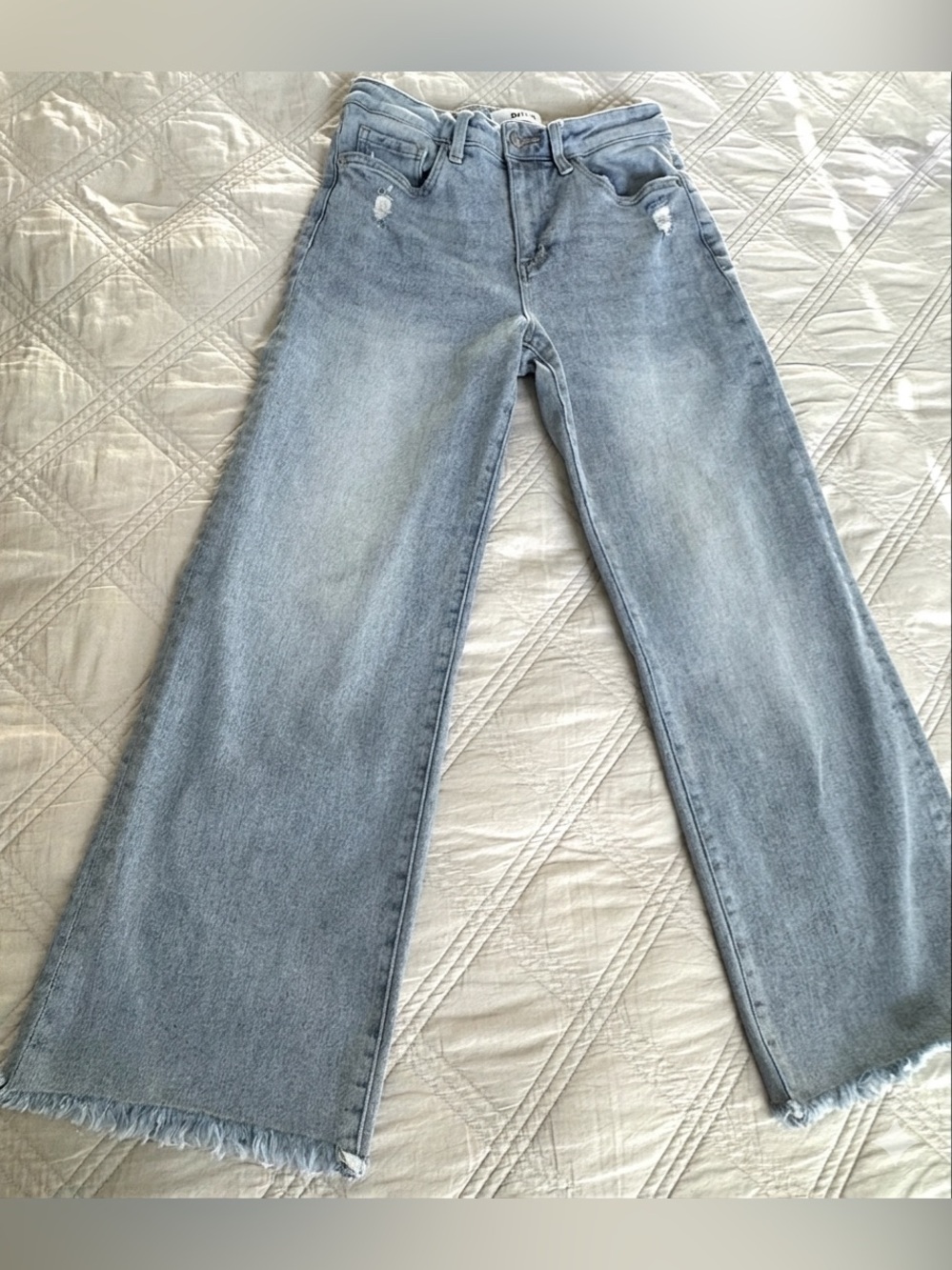 Extremely Soft Light Wash Wide Leg Mica Denim Jeans with Frayed Hem